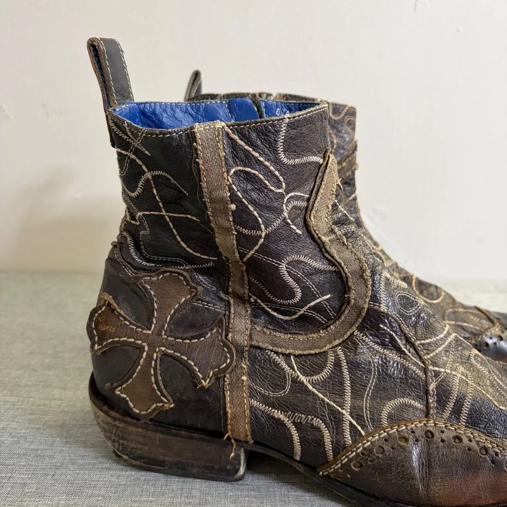 Mark Nason Boots Mens 11 Brown Rock Lir Italian‎ Leather Cross Embroidered Ankle
